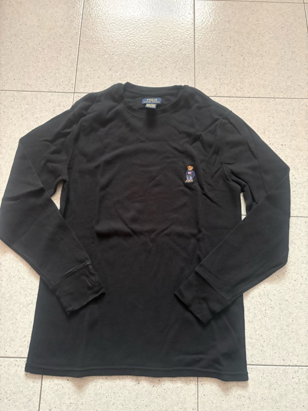 Polo by Ralph Lauren Black Long-Sleeve Waffle Knit Tee with Embroidered Bear